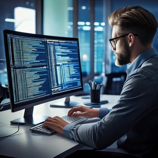Firefly software developer at desk working on computer integrating a generic RESTful API JSON payloa